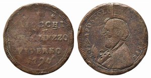 obverse: VITERBO. Pio Vi (1775-1799). Sanpietrino da 2 1/2 baiocchi 1796. Cu (15,2 g - 30 mm). Satiriche, ritratto con ritocchi coevi. MB 