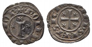 obverse: BRINDISI. Federico II (1197-1250). Denaro Mi (g. 0,93). Lettera F tra tre stelle R/ Croce con stelle nei quarti. Spahr 150. BB+