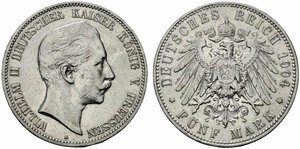 obverse: GERMANIA. Guglielmo II (1888-1918). 5 marchi 1904 A, Berlino. Ag (27,73 g). KM523. BB/SPL