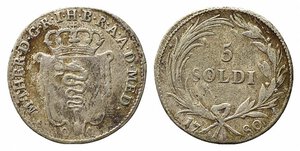 obverse: MILANO. Maria Teresa (1740-1780). 5 soldi 1780 Ag (1,40 g). MIR 439/4 R2. MB