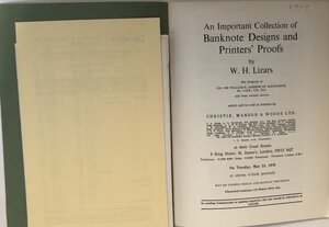 reverse: Christie s. An Important Collection of Banknote Design and Printers  Proof by W.H. Lizars. London, 25 May 1976. Brossura editorioale, 43pp, 205 lots, 10 tav.  importante vendita. Buono stato