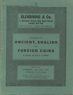 obverse: GLENDINING & Co., - 16th and 17th November 1977. Catalogue of Ancient, English and Foreign Coins in Gold, Silver & Copper. Pp. 59, 13 tavv. b/n