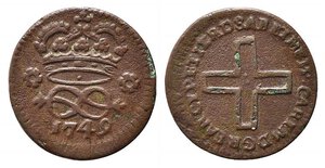 obverse: SAVOIA. Carlo Emanuele III (1730-1773). 2 denari 1749. MIR 940/o. BB