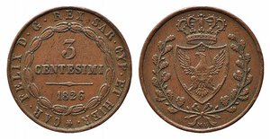 obverse: SAVOIA. Vittorio Emanuele II (1859-1861). 3 centesimi 1826 Bologna (conio Carlo Felice). Gig.21 Raro. BB