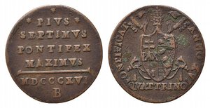 obverse: BOLOGNA. Pio VII (1800-1823). Quattrino 1816 Cu (2,00 g - 20 mm). Coniato su tondello più leggero, rif. Gig. 75a - R3. MB-BB