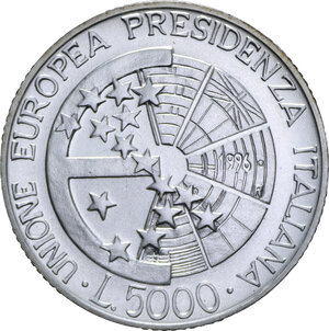 reverse: 5000 LIRE 1996 PRESIDENZA ITALIANA UNIONE EUROPEA AG. 18 GR. FDC