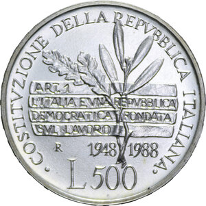 reverse: 500 LIRE 1988 COSTITUZIONE DELLA REPUBBLICA AG. 11 GR. FDC