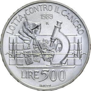 reverse: 500 LIRE 1989 LOTTA CONTRO IL CANCRO AG. 11 GR. FDC