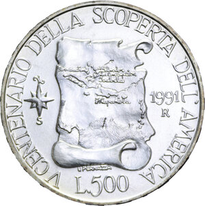 reverse: 500 LIRE 1991 SCOPERTA DELL AMERICA 3° SERIE AG. 11 GR. FDC