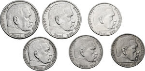 obverse: Germany. Lot of six (6) coins: 5 mark 1937 A, 1938 F, 2 mark 1937 A, F, 1938 G, 1939 A