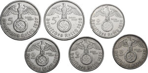 reverse: Germany. Lot of six (6) coins: 5 mark 1937 A, 1938 F, 2 mark 1937 A, F, 1938 G, 1939 A
