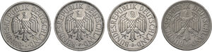 obverse: Germany. Lot of four (4) coins: 2 deutsche mark 1951 D, F, G, J