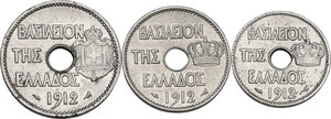 obverse: Greece.  George I (1863-1913).. Lot of three (3) coins: 20 lepta, 10 lepta and 5 lepta 1912