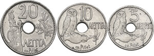 reverse: Greece.  George I (1863-1913).. Lot of three (3) coins: 20 lepta, 10 lepta and 5 lepta 1912