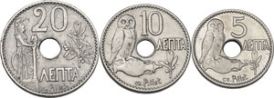 obverse: Greece. Lot of three (3) NI coins: 20, 10 and 5 Lepta 1912