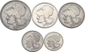 obverse: Greece. Lot of five (5) CU-NI coins: 2 Drachmai 1926, Drachma 1926, Drachma 1926 B, 50 Lepta 1926 B and 20 Lepta 1926