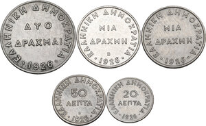 reverse: Greece. Lot of five (5) CU-NI coins: 2 Drachmai 1926, Drachma 1926, Drachma 1926 B, 50 Lepta 1926 B and 20 Lepta 1926