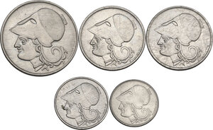 obverse: Greece.  Republic. Lot of five (5) coins: 2 drachmai 1926, drachm 1926 B, drachm 1926, 50 lepta 1926 and 20 lepta 1926