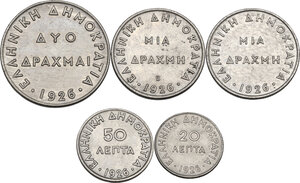 reverse: Greece.  Republic. Lot of five (5) coins: 2 drachmai 1926, drachm 1926 B, drachm 1926, 50 lepta 1926 and 20 lepta 1926