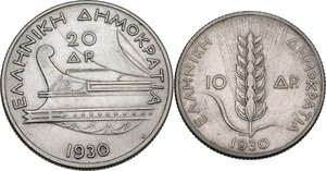 reverse: Greece. Lot of two (2) AR coins: 20 and 10 Drachmai 1930