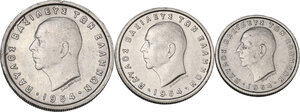 obverse: Greece. Lot of three (3) CU-NI coins: 2 Drachmai, Drachma and 50 Lepta 1954
