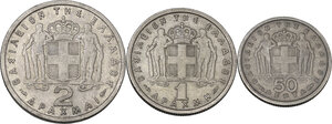 reverse: Greece. Lot of three (3) CU-NI coins: 2 Drachmai, Drachma and 50 Lepta 1957