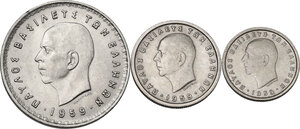 obverse: Greece. Lot of three (3) CU-NI coins: 10 Drachma, Drachma and 50 Lepta 1959