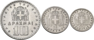 reverse: Greece. Lot of three (3) CU-NI coins: 10 Drachma, Drachma and 50 Lepta 1959