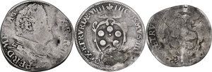 obverse: Italy . Lot of three (3) Medici s coins: Francesco I de Medici, Giulio 1585 (R2), Ferdinando I de  Medici, Lira 1607 (R2), Cosimo III de Medici, Giulio 1676 (R),