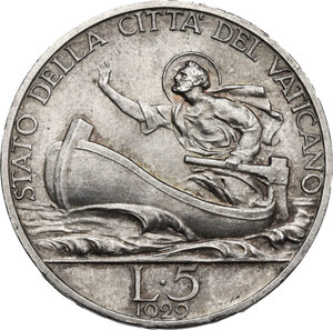 reverse: Italy .  Pio XI (1922-1938), Achille Ratti. 5 Lire A. VIII, 1929. Città del Vaticano mint