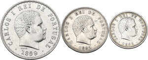 obverse: Portugal.  Carlos I (1889-1908). Lot of three (3) AR coins: 500 Reis 1899, 200 Reis 1891 and 100 Reis 1893