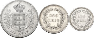 reverse: Portugal.  Carlos I (1889-1908). Lot of three (3) AR coins: 500 Reis 1899, 200 Reis 1891 and 100 Reis 1893