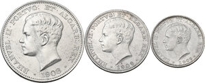 obverse: Portugal.  Carlos I (1889-1908). Lot of three (3) AR coins: 500 Reis 1908, 200 Reis 1909 and 100 Reis 1909