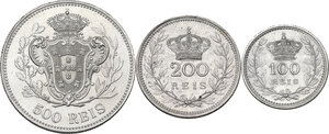 reverse: Portugal.  Carlos I (1889-1908). Lot of three (3) AR coins: 500 Reis 1908, 200 Reis 1909 and 100 Reis 1909