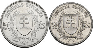 reverse: Slovakia. Lo of two (2) AR coins: 50 and 20 korun 1939