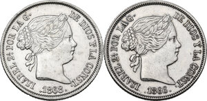 obverse: Spain.  Isabel II (1833-1868). Lot of two (2) AR 40 CEntimos 1866 and 1868