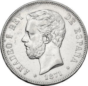 obverse: Spain.  Amedeo I (1871-1873).. 5 pesetas 1871