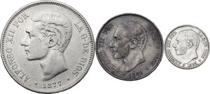 obverse: Spain.  Alfonso XII (1874-1885).. Lot of three (3) AR Coins: 5 Pesetas 1877, 2 Pesetas 1882 and 50 Centimos 1885