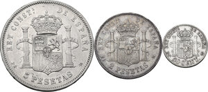 reverse: Spain.  Alfonso XII (1874-1885).. Lot of three (3) AR Coins: 5 Pesetas 1877, 2 Pesetas 1882 and 50 Centimos 1885