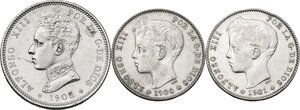 obverse: Spain.  Alfonso XIII (1886-1931).. Lot of three (3) AR Coins: 2 Pesetas 1905, Peseta 1900 and 1901