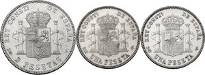 reverse: Spain.  Alfonso XIII (1886-1931).. Lot of three (3) AR Coins: 2 Pesetas 1905, Peseta 1900 and 1901
