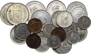 obverse: Switzerland. Lot of twenty-five (25) coins: 5 francs 1935, 1939, 1967, 2 francs 1912, 1961, 1963, 1964, 1965, 1967, franc 1907, 1914, 1920, 1945, 1963, 1964, 1965, 1966, 1967, 1/2 franc 1950, 1963, 1965, 1967, 2 rappen 1918, 1932, 1941