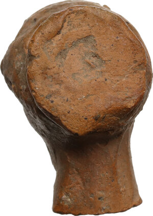 reverse: Terracotta handle fragment in the shape of a female head.  Roman.  25x23x18 mm