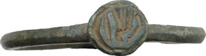 obverse: AE Ring with small seal depicting a highly stylized figure.  Middle Ages.  Inner diameter: 18 mm