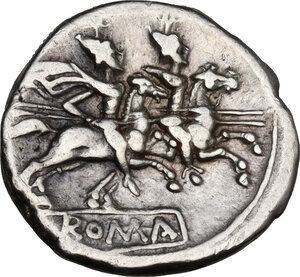 reverse: Anonymous. AR Denarius, after 211 BC