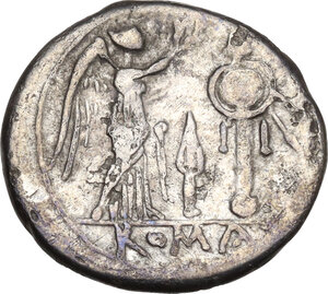 reverse: Spearhead (first) series. AR Victoriatus, 214 BC