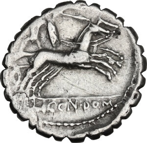 reverse: L. Licinius Crassus, Cn. Domitius Ahenobarbus and M. Aurelius Scaurus. Denarius serratus, Narbo mint, 118 BC