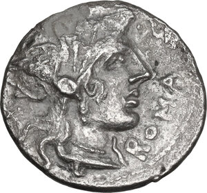 obverse: Cn. Domitius Ahenobarbus. . AR Brockage Denarius, 116 or 115 BC