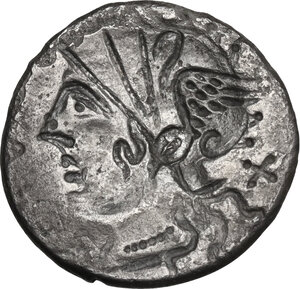 reverse: Cn. Domitius Ahenobarbus. . AR Brockage Denarius, 116 or 115 BC