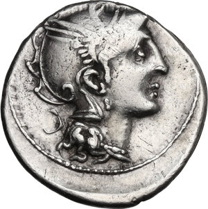 obverse: Appius Claudius Pulcher, T. Manlius Mancinus and Q. Urbinius. Denarius, Rome mint, 111 or 110 BC